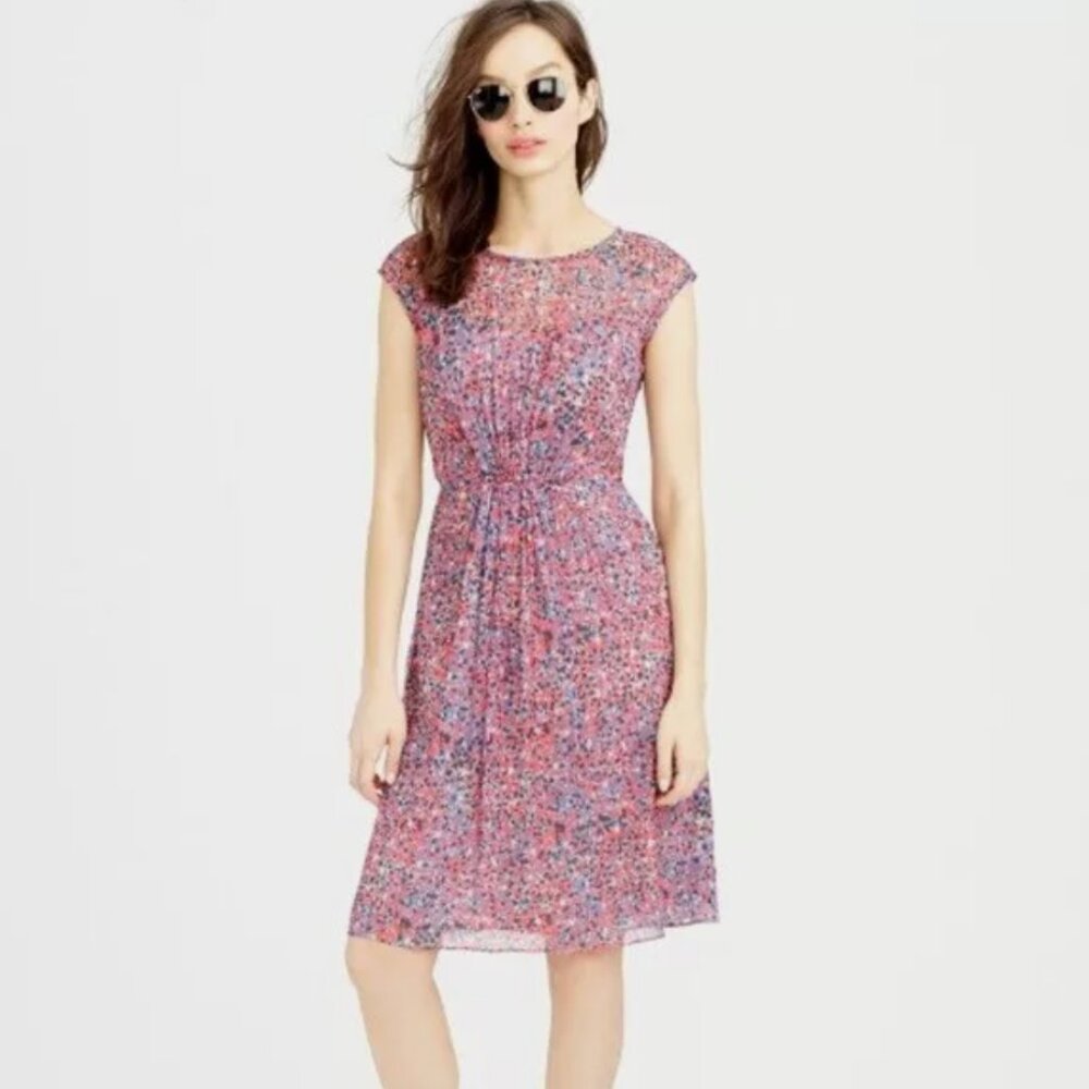 J Crew  Silk Chiffon Dress In Watercolor Dot Midi  Fit & Flare Size 2